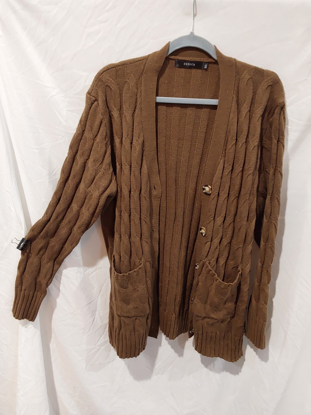 Zesica Brown Cable-Knit Button-Front Cardigan